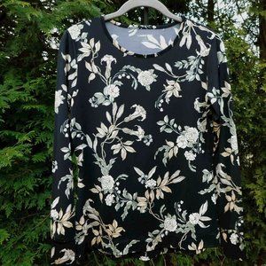 Lands' End Black with Pretty Floral Print Stretchy Long-Sleeve Top